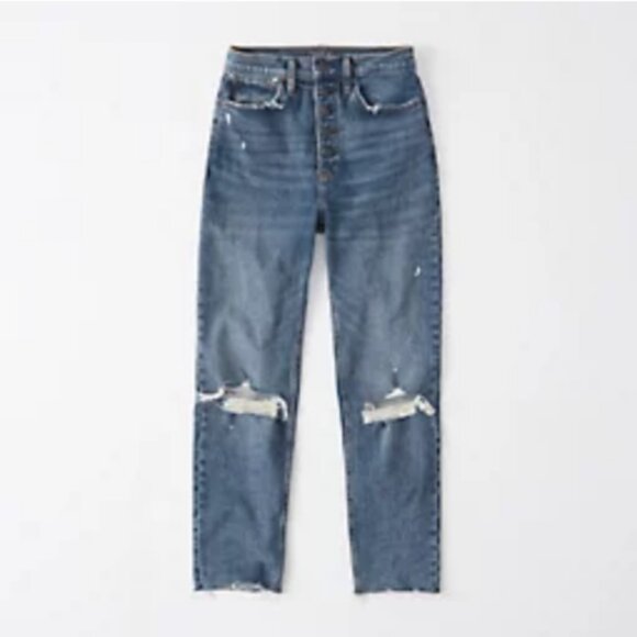 Abercrombie Ultra High Rise Mom Jeans Denim 24 00R Blue Ripped Raw Hem Straight - Picture 2 of 5